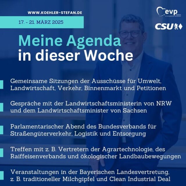 Guten Morgen, ☕🌇

diese Woche stehen wieder zahlreiche Ausschusssitzungen in Brüssel an. Außerdem treffe ich Silke Gorißen, die Landwirtschaftsministerin von NRW und Georg-Ludwig von Breitenbuch, den Landwirtschaftsminister von Sachsen. Darüber hinaus nehme ich an mehreren Veranstaltungen teil, unter anderem in der Bayerischen Landesvertretung.

Ich freue mich auf den Austausch und halte euch natürlich auf dem Laufenden! 🙂