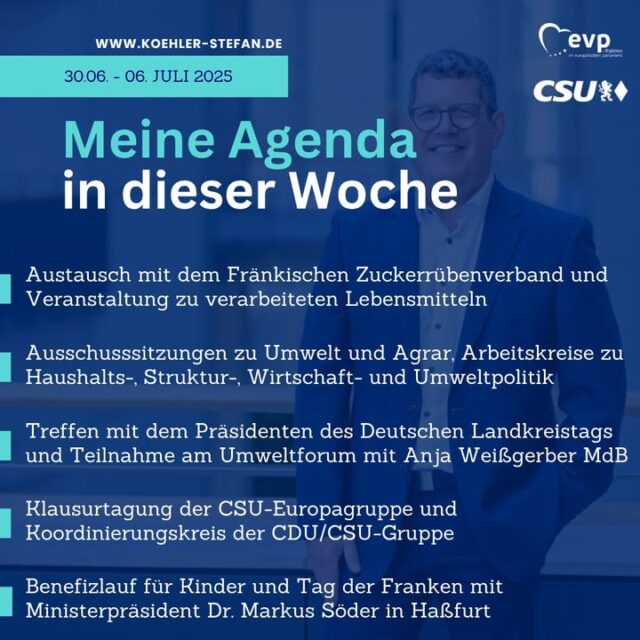 Guten Morgen aus Brüssel, ☀️ 🇪🇺

ich hoffe, ihr hattet ein schönes und erholsames Wochenende. In Brüssel steht wieder eine volle Woche mit vielen Terminen an. Zum Wochenende geht es dann zurück in den Wahlkreis.

Am Sonntag ist auch der Tag der Franken. Seid ihr in Haßfurt mit dabei? 👍