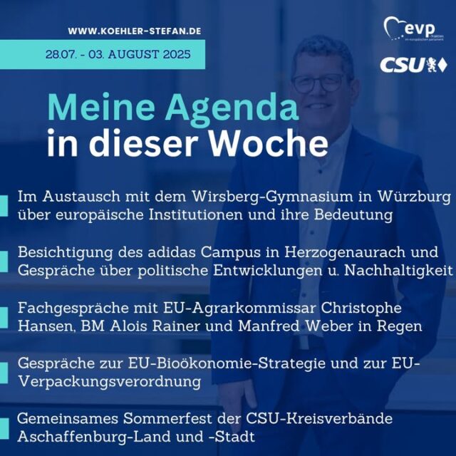 Guten Morgen, ☕

es ist Sommerpause im Europäischen Parlament – im Wahlkreis bin ich aber weiterhin viel unterwegs. Diese Woche besuche ich unter anderem das Wirsberg-Gymnasium in Würzburg, um mit den Schülerinnen und Schülern über die Europäische Union und ihre Institutionen zu sprechen. 🇪🇺

Zum Ende der Woche feiern die CSU-Kreisverbände Aschaffenburg-Land und -Stadt ihr gemeinsames Sommerfest in Waldaschaff. Sehen wir uns dort? 😁