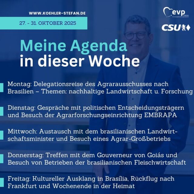Guten Morgen aus Brüssel! ☕ 🇪🇺
Heute fliege ich als Mitglied einer Delegation des Agrarausschusses nach Brasilien, um mehr über die dortige Agrarpolitik, Agrarforschung und Landwirtschaft zu erfahren. 🇧🇷 🚜
Internationaler Austausch ist entscheidend, um voneinander zu lernen und die Zusammenarbeit zu stärken. 🌎 🤝
Ich freue mich auf spannende Gespräche und Eindrücke und halte euch natürlich hier und auf Instagram auf dem Laufenden!