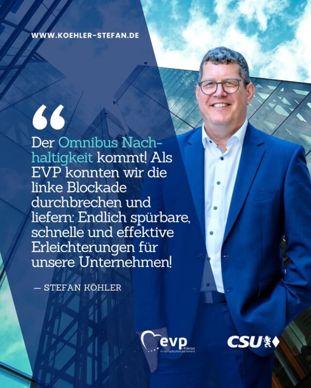 📢 Die heutige Entscheidung war längst überfällig: Seit Monaten versprechen wir unseren Unternehmen spürbare, schnelle und effektive Erleichterungen 📢

Die Entbürokratisierung des EU-Lieferkettengesetzes, die wir im Europäischen Parlament heute verabschiedet haben, ist ein notwendiger Schritt in die richtige Richtung❗

EU-Vorschriften müssen in der Praxis einfach und effektiv umgesetzt werden können. Nur so kann der Wirtschaftsstandort Deutschland und  auch Europa weiterhin attraktiv bleiben! 🏭

Details zu den heute beschlossenen Änderungen findet ihr in den News auf meiner Homepage. Link in der Bio 🔗
.
.
.
#stefankoehler #gescheitepolitik #omnibus #nachhaltigkeit #sustainabilityreporting #epp #evp #cdu #csu #cducsu #sustainability #negotiation #buerokratieabbau #lessredtape #nomorebureaucracy