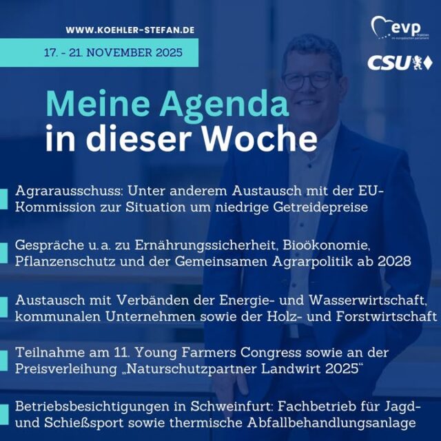 Guten Morgen aus Brüssel! 🇪🇺 ☕

Neue Woche, neue Termine: Ich freue mich auf spannende Gespräche mit der EU-Kommission, verschiedenen Verbänden und natürlich beim Young Farmer Congress. Zum Ende der Woche bin ich wieder in meinem Wahlkreis unterwegs. Folgt mir gerne und bleibt stets auf dem Laufenden! 😊