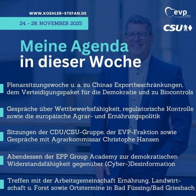 Guten Morgen aus Straßburg! 🇫🇷 🇪🇺

Es steht eine weitere spannende Plenarwoche bevor: Auf der Agenda stehen Themen wie unsere europäische Resilienz und Verteidigungsfähigkeit (nach außen und innen), Bürokratieabbau und die Stärkung der Wettbewerbsfähigkeit. Außerdem stehen zahlreiche Gespräche zu Landwirtschaft und Umweltschutz auf meinem Programm.

Zum Ende der Woche geht es für mich nach Niederbayern. Folgt mir, um über meine Storys und Beiträge auf dem Laufenden zu bleiben! 📲 👍