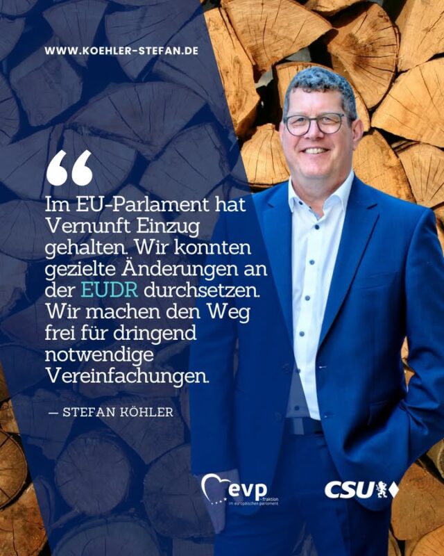 Das EU-Parlament hat mit der heutigen Abstimmung den Weg zu einer schnellen Einigung im Trilog zur Entwaldungsverordnung #EUDR freigemacht! 🟢 Mit unseren Vorschlägen hegen wir das Bürokratiemonster ein und legen zentrale Nachbesserungen auf den Tisch❗️Ich hoffe, dass wir durch das heutige Ergebnis gestärkt in die Verhandlungen gehen und pünktlich zum Ende dieses Jahres Entlastungen, Bürokratiereduktion und Rechtssicherheit liefern können! 🪵
.
.
.
#stefankoehler #gescheitepolitik #fuerslandunddieleut #cducsu #csu #cdu #evp #epp #christineschneider  #deforestation #lessredtape #lessbureaucracy #simplification #vereinfachung #lösungsorientiert #pragmatisch #mehrheit