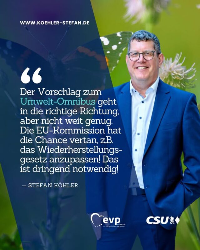 Das heute vorgestellte Paket, der #umweltomnibus, ist ein guter Anfrang EU-Vorschriften im Umweltrecht zu vereinfachen. Die Vorschläge fassen aber meines Erachtens nicht weit genug❗

Ich hätte mir gewünscht, dass die EU-Kommission hier einen mutigeren Vorstoß auf den Tisch legt, beispielsweise mit konkreten und spürbaren Vereinfachungen zu: 

🏞️Wiederherstellungsverordnung
💧Nitratrichtlinie 
🌿Flora-Fauna-Habitat-Richtlinie  
🪶Vogelschutzrichtlinie 

Die Kommission muss dringend nachbessern und liefern! 
.
.
.
#stefankoehler #gescheitepolitik #environment #envi #omnibus #cducsu #csu #evp #epp #umwelt #nrl #ffh #nitratrichtlinie #düvo