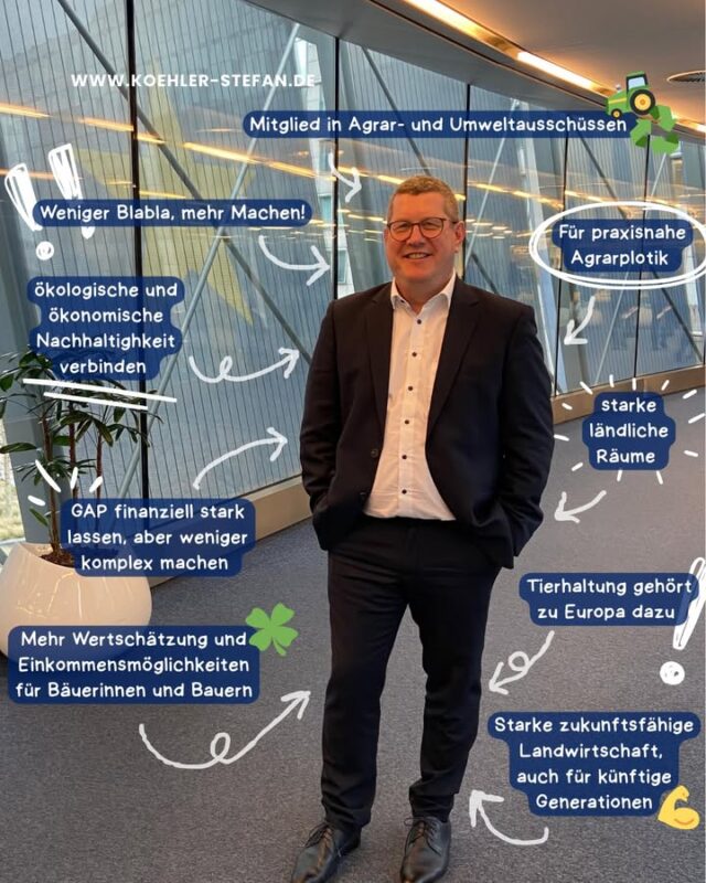Als CSU-Europaabgeordneter für Unterfranken beschäftige ich mich mit allen möglichen Themen, die uns daheim umtreiben. Ich packe gerne an, und ich setze mich dafür ein, dass wir vorwärts kommen mit den Vereinfachungen und dem Bürokratieabbau 💪

Politik muss vor Ort funktionieren. Dafür kämpfe ich in Brüssel, für euch, für unsere ländlichen Räume und für kommende Generationen 🇪🇺
.
.
.
#stefankoehler #gescheitepolitik #fuerslandunddieleut #unterfranken #bayern #csu #evp #cducsu #epp #euparlament #mdep #nichtlabernmachen #wenigerblabla #machen #GAP #agrarpolitik #umweltpolitik #landwirtschaft #letsgo #landwirtschaftausleidenschaft #landwirtschaftistleidenschaft