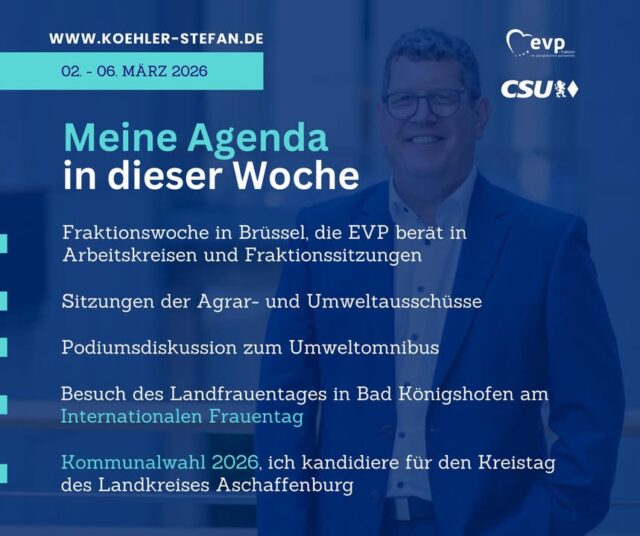 Guten Morgen zusammen ☀️
Jetzt beginnt die letzte spannende Woche vor der Kommunalwahl. Ich wünsche allen Wahlkämpferinnen und Wahlkämpfern viel Erfolg und einen starken Endspurt! 🚀
Auch bei mir stehen in Brüssel vor der Wahl noch einige interessante Themen an 🇪🇺💼
