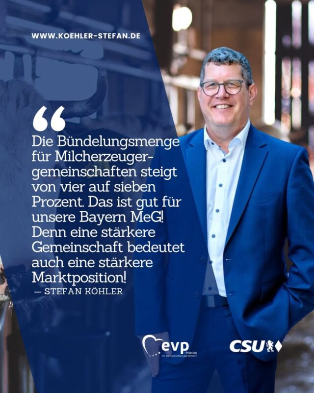 Unser deutscher Milchsektor kann aufatmen! 🐄
Die Trilogeinigung zur Überarbeitung der Gemeinsamen Marktordnung ist da.

Was wurde beschlossen?
✔Schriftliche Verträge: EU Staaten können sich für einen "opt-out" bei Preisindikatoren und der Revisionsklausel entscheiden. Damit kann Deutschland bereits bestehende, gut funktionierende Strukturen und vor Bürokratie schützen! 

✔Bündelungsmenge: Obergrenze für Milcherzeugergemeinschaften steigt von 4️⃣auf 7️⃣Prozent. Gemeinsam kann man stärker auftreten und stärker verhandeln! Das stärkt auch die Erzeugergemeinschaften bei uns wie die Bayern MeG. 
.
.
.
#stefankoehler #fuerslandunddieleut #gescheitepolitik
