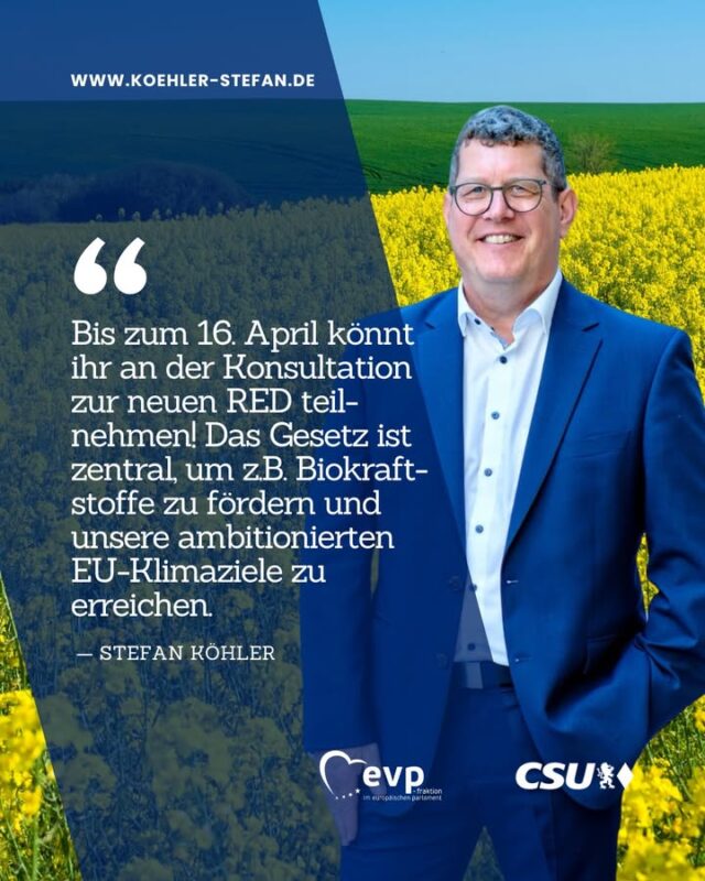 Noch bis zum 16. April mitmachen❗️Aktuell sammelt die Europäische Kommission Rückmeldungen zum Rechtsrahmen über Erneuerbare Energien nach 2030 und der Revision der Erneuerbare-Energien-Richtlinie, auch RED genannt 🪵

Diese Regeln sind zentral, um beispielsweise Biokraftstoffe zu fördern und so unsere ambitionierten Klimaziele zu erreichen 🌽

Weitere Infos gibt es wie immer auf meiner Webseite! 🍃 (Link in der Bio)
.
.
.
#stefankoehler #gescheitepolitik