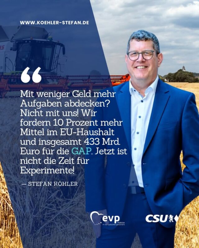 Das EU-Parlament bezieht Stellung zu den Verhandlungen zum EU-Haushalt ab 2028! Mehr Flexibilität und Schwerpunkte wie die Wettbewerbsfähigkeit sind wichtig, aber nicht auf Kosten unserer Landwirte! 🚜 

Mit weniger mehr erreichen? Machen wir uns nichts vor! Deshalb fordern wir als EVP-Fraktion eine Erhöhung des Budgets von +10 Prozent  und starke, zweckgebundene Mittel für Landwirtschaft und Regionen 💶

Wir fordern Planungssicherheit, eine finanziell starke #GAP (433 Mrd. Euro) und die bewährte Zwei-Säulen-Struktur!

Mein ganzes Statement ist wie immer auf meiner Webseite - Link in der Bio 👀
.
.
.
#stefankoehler #gescheitepolitik #fuerslandunddieleut