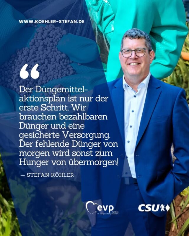 Die EU-Kommission hat heute den Düngemittelaktionsplan vorgestellt. Das ist die Antwort auf stark gestiegene Düngemittelpreise, hohe Gasabhängigkeit und neue geopolitische Lieferunsicherheiten 💰

Unsere Landwirte stecken mittendrin in dieser Krise. Für die Ernte 2027 drohen sinkende Erntemengen, Versorgungsengpässe und eine Preisexplosion im Supermarktregal. Der Plan enthält zahlreiche hilfreiche Maßnahmen, bleibt aber an einigen entscheidenden Stellen noch vage. Wir müssen jetzt die Weichen stellen, damit die Maßnahmen wirklich bei uns Landwirten und vor allem auf den Feldern ankommen ❗
.
.
.
#stefankoehler #fuerslandunddieleut #gescheitepolitik