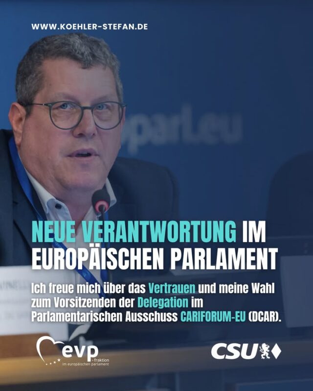 Ich freue mich sehr über das Vertrauen meiner Kolleginnen und Kollegen und die Wahl zum Vorsitzenden der Delegation im Parlamentarischen Ausschuss CARIFORUM–EU (DCAR) 🇪🇺

Die neue Aufgabe ergänzt meine bisherige Arbeit in den Bereichen Landwirtschaft und Umwelt. Gemeinsam möchte ich den parlamentarischen Dialog zwischen der Europäischen Union und den CARIFORUM-Staaten weiter stärken.

Mein herzlicher Dank gilt meinem Vorgänger @norbertlins.mdep, der die Delegation in den vergangenen Jahren engagiert geführt hat. Ich freue mich darauf, daran anzuknüpfen 🇪🇺🤝🏻🌎
