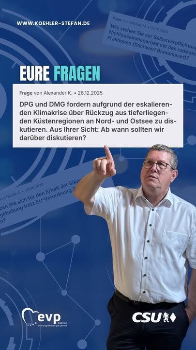 Auf abgeordnetenwatch beantworte ich regelmäßig Fragen zu aktuellen politischen Themen und meiner Arbeit im Europäischen Parlament. Diesmal wollte Alexander K. wissen, ab wann wir über einen Rückzug aus tieferliegenden Küstenregionen an Nord- und Ostsee diskutieren sollten.

Für mich ist klar: Klimaschutz bleibt wichtig. Gleichzeitig müssen Maßnahmen wirksam, technologieoffen und wirtschaftlich tragfähig sein.

Über so weitreichende Schritte wie den Rückzug aus Küstenregionen darf nicht pauschal entschieden werden. Dafür braucht es wissenschaftliche Grundlagen, belastbare Risikoanalysen und eine genaue Bewertung der konkreten Situation vor Ort. Einen allgemeinen Schwellenwert halte ich deshalb nicht für sinnvoll.

Die vollständige Antwort findet ihr auf abgeordnetenwatch. Dort könnt ihr mir auch weitere Fragen stellen 🌊🇪🇺💬