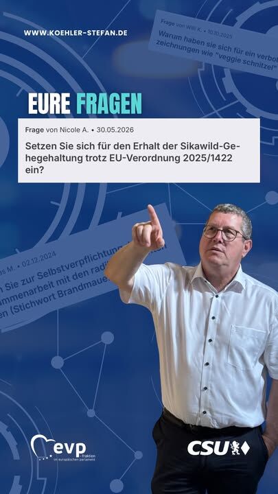 Auf abgeordnetenwatch beantworte ich regelmäßig Fragen zu aktuellen politischen Themen und meiner Arbeit im Europäischen Parlament. Diesmal wollte Nicole A. wissen, ob ich mich für den Erhalt der Sikawild-Gehegehaltung trotz der EU-Verordnung 2025/1422 einsetze.

Der Schutz heimischer Arten und unserer Wälder ist wichtig. In freier Wildbahn kann Sikawild heimisches Wild verdrängen, sich mit heimischen Hirscharten vermischen und durch Verbiss die Wiederaufforstung erschweren.

Eine nachweislich ausbruchsichere Gehegehaltung ist aus meiner Sicht jedoch anders zu bewerten. Wenn keine Gefahr für heimische Arten oder unsere Wälder besteht, sollten bestehende Haltungen weiterhin möglich bleiben.

Dafür braucht es praktikable Lösungen und Ausnahmeregelungen durch die zuständigen Behörden vor Ort. Ich bin mit Betroffenen im Austausch und nehme ihre Anliegen in meine parlamentarische Arbeit mit.

Die vollständige Antwort findet ihr auf abgeordnetenwatch. Dort könnt ihr mir auch weitere Fragen stellen 🦌🌲🇪🇺