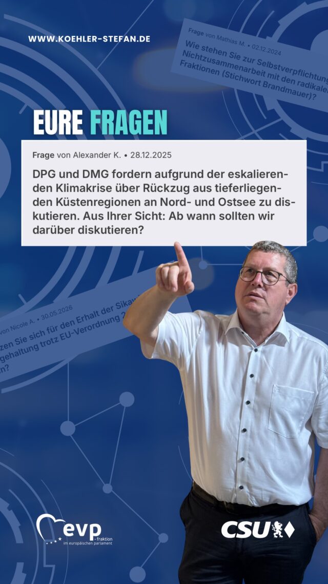 Auf abgeordnetenwatch beantworte ich regelmäßig Fragen zu aktuellen politischen Themen und meiner Arbeit im Europäischen Parlament. Diesmal wollte Alexander K. wissen, ab wann wir über einen Rückzug aus tieferliegenden Küstenregionen an Nord- und Ostsee diskutieren sollten.

Für mich ist klar: Klimaschutz bleibt wichtig. Gleichzeitig müssen Maßnahmen wirksam, technologieoffen und wirtschaftlich tragfähig sein.

Über so weitreichende Schritte wie den Rückzug aus Küstenregionen darf nicht pauschal entschieden werden. Dafür braucht es wissenschaftliche Grundlagen, belastbare Risikoanalysen und eine genaue Bewertung der konkreten Situation vor Ort. Einen allgemeinen Schwellenwert halte ich deshalb nicht für sinnvoll.

Die vollständige Antwort findet ihr auf abgeordnetenwatch. Dort könnt ihr mir auch weitere Fragen stellen 🌊🇪🇺💬