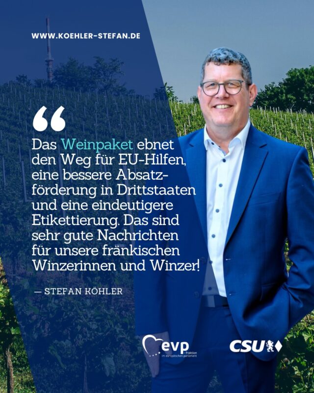 Der Wein ist eines unserer wichtigsten Kulturgüter in der EU 🍷 Wir in Bayern, aber vor allem wir in Unterfranken können ein Lied davon singen, denn der Wein prägt unsere Region. Unser Silvaner, mit seinem einzigartigen Geschmack, ist ein Aushängeschild, das man mit allen Sinnen erleben kann (und sollte!) 😋

Allerdings steht der EU-Weinsektor vor großen Herausforderungen. Auch unsere Winzerinnen und Winzer in #Unterfranken spüren die Folgen des Klimawandels, der angespannten Märkte, des rückläufigen Konsums und der sich wandelnden Vorlieben. 
Heute haben wir Europaabgeordneten das Weinpaket verabschiedet. Mit dem EU-Weinpaket werden nun klare Kennzeichnungsregeln eingeführt, neue Absatzchancen eröffnet und Mitgliedstaaten bei der Stabilisierung des Marktes unterstützt 🍇

👉 Mein ganzes Statement findet ihr auf meiner Webseite (Link in Bio).
.
.
.
#stefankoehler #gescheitepolitik #fuerslandunddieleut #wein
#Weinpaket #EUWein #Agrarpolitik #Weintourismus #Klimawandel #EuropäischeUnion #evp #epp #cducsu #csu #europapolitik