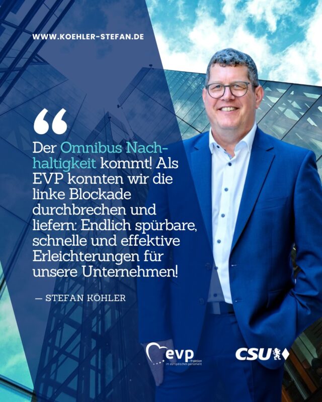 📢 Die heutige Entscheidung war längst überfällig: Seit Monaten versprechen wir unseren Unternehmen spürbare, schnelle und effektive Erleichterungen 📢

Die Entbürokratisierung des EU-Lieferkettengesetzes, die wir im Europäischen Parlament heute verabschiedet haben, ist ein notwendiger Schritt in die richtige Richtung❗

EU-Vorschriften müssen in der Praxis einfach und effektiv umgesetzt werden können. Nur so kann der Wirtschaftsstandort Deutschland und  auch Europa weiterhin attraktiv bleiben! 🏭

Details zu den heute beschlossenen Änderungen findet ihr in den News auf meiner Homepage. Link in der Bio 🔗
.
.
.
#stefankoehler #gescheitepolitik #omnibus #nachhaltigkeit #sustainabilityreporting #epp #evp #cdu #csu #cducsu #sustainability #negotiation #buerokratieabbau #lessredtape #nomorebureaucracy
