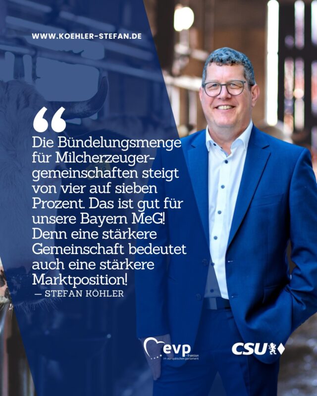 Unser deutscher Milchsektor kann aufatmen! 🐄
Die Trilogeinigung zur Überarbeitung der Gemeinsamen Marktordnung ist da.

Was wurde beschlossen?
✔Schriftliche Verträge: EU Staaten können sich für einen "opt-out" bei Preisindikatoren und der Revisionsklausel entscheiden. Damit kann Deutschland bereits bestehende, gut funktionierende Strukturen und vor Bürokratie schützen! 

✔Bündelungsmenge: Obergrenze für Milcherzeugergemeinschaften steigt von 4️⃣auf 7️⃣Prozent. Gemeinsam kann man stärker auftreten und stärker verhandeln! Das stärkt auch die Erzeugergemeinschaften bei uns wie die Bayern MeG. 
.
.
.
#stefankoehler #fuerslandunddieleut #gescheitepolitik