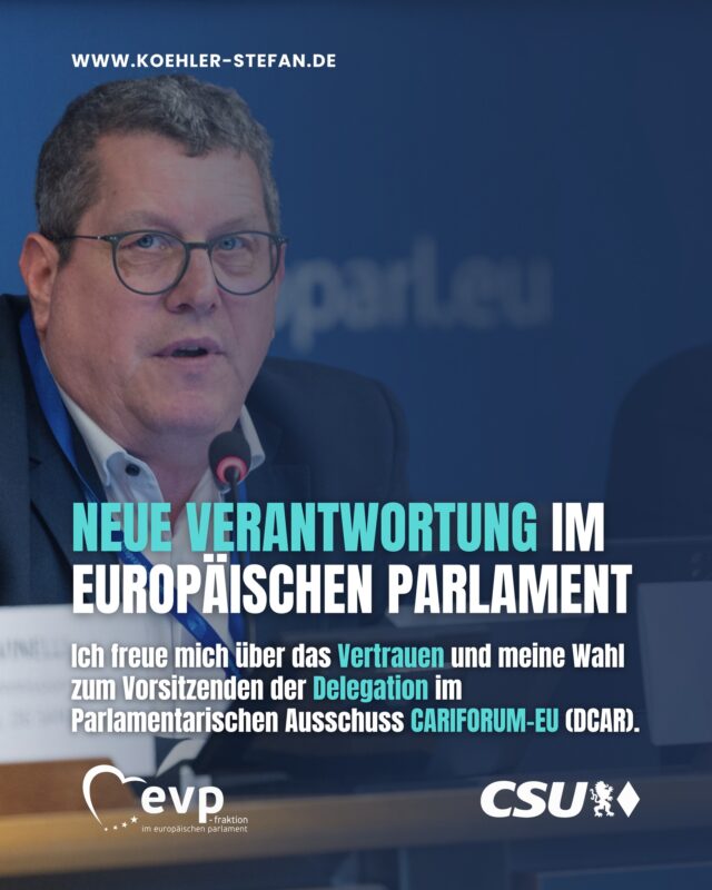 Ich freue mich sehr über das Vertrauen meiner Kolleginnen und Kollegen und die Wahl zum Vorsitzenden der Delegation im Parlamentarischen Ausschuss CARIFORUM–EU (DCAR) 🇪🇺

Die neue Aufgabe ergänzt meine bisherige Arbeit in den Bereichen Landwirtschaft und Umwelt. Gemeinsam möchte ich den parlamentarischen Dialog zwischen der Europäischen Union und den CARIFORUM-Staaten weiter stärken.

Mein herzlicher Dank gilt meinem Vorgänger @norbertlins.mdep, der die Delegation in den vergangenen Jahren engagiert geführt hat. Ich freue mich darauf, daran anzuknüpfen 🇪🇺🤝🏻🌎