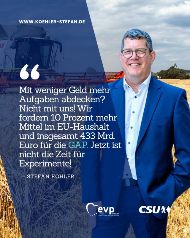Das EU-Parlament bezieht Stellung zu den Verhandlungen zum EU-Haushalt ab 2028! Mehr Flexibilität und Schwerpunkte wie die Wettbewerbsfähigkeit sind wichtig, aber nicht auf Kosten unserer Landwirte! 🚜 

Mit weniger mehr erreichen? Machen wir uns nichts vor! Deshalb fordern wir als EVP-Fraktion eine Erhöhung des Budgets von +10 Prozent  und starke, zweckgebundene Mittel für Landwirtschaft und Regionen 💶

Wir fordern Planungssicherheit, eine finanziell starke #GAP (433 Mrd. Euro) und die bewährte Zwei-Säulen-Struktur!

Mein ganzes Statement ist wie immer auf meiner Webseite - Link in der Bio 👀
.
.
.
#stefankoehler #gescheitepolitik #fuerslandunddieleut